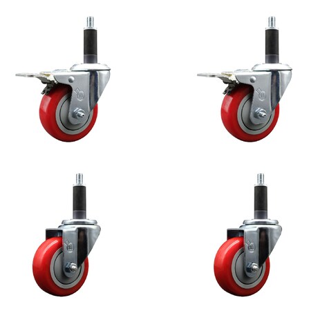 Service Caster 3.5'' SS Red Poly Swivel 1'' Expanding Stem Caster Set 2 Total Lock Brakes, 4PK SCC-SSEXTTL20S3514-PPUB-RED-2-S-2-1